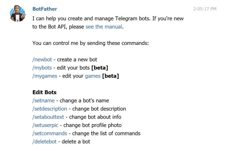 create telegram bot with botfather account